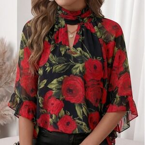 Vince Camuto Floral Blouse Womens Small Red Black Rose Ruffle Mock Neck Excellen